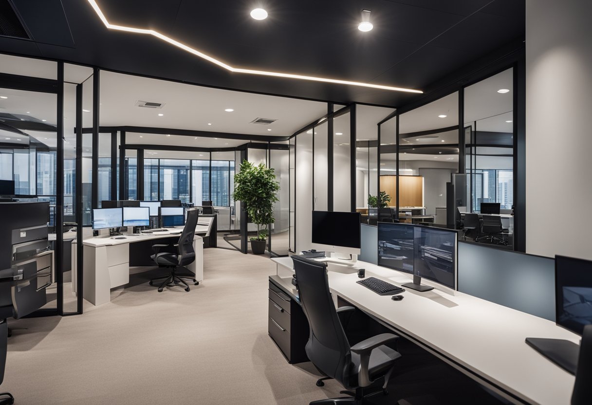 A modern architectural firm office with sleek design, blueprints, and awards displayed