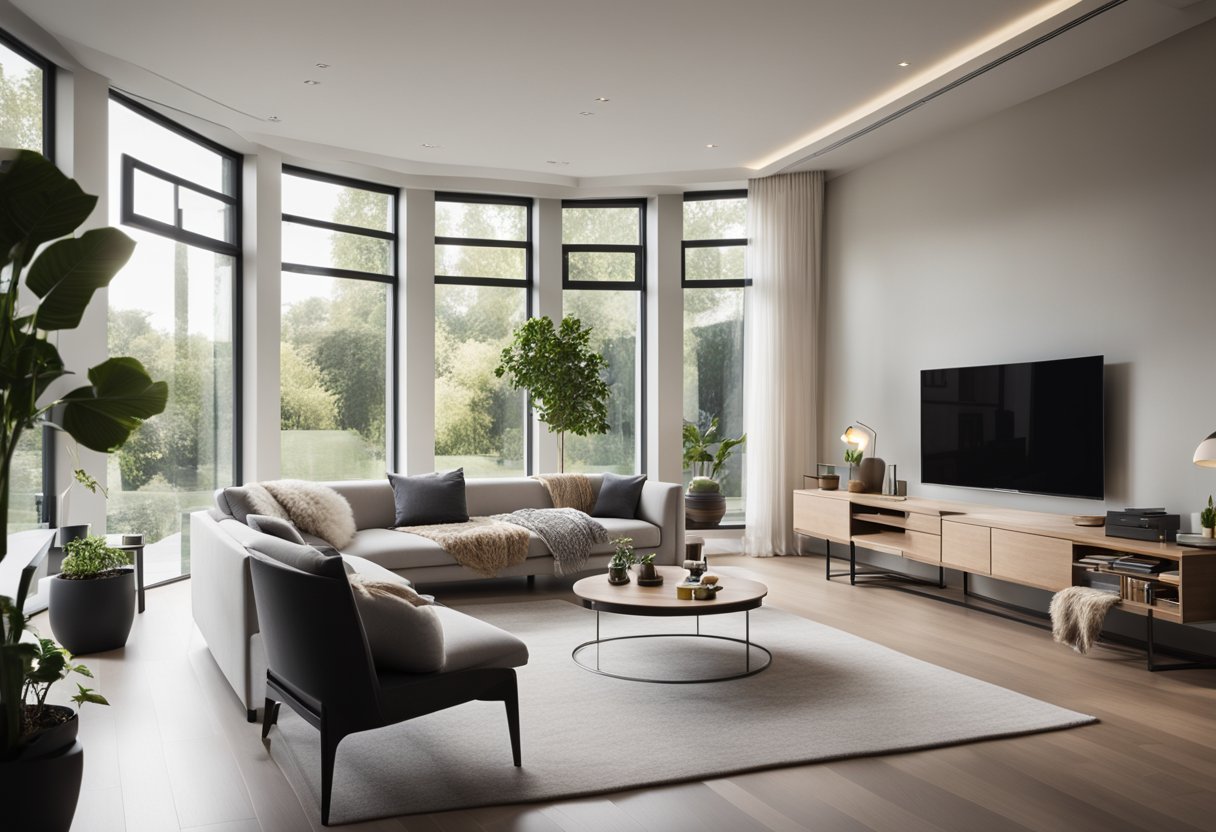 A spacious, modern living room with sleek furniture, soft lighting, and a neutral color palette. Large windows offer a view of a lush garden, bringing the outdoors in