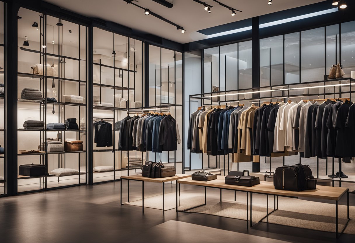 The small clothes shop is designed with high ceilings, large windows, and minimalistic fixtures to maximize space and light