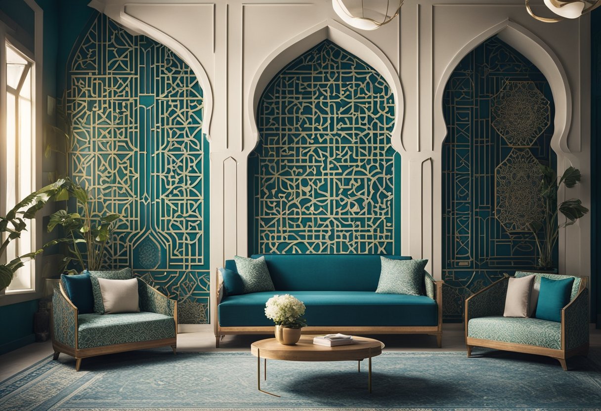 A modern Islamic interior design with geometric patterns, arabesque motifs, and calligraphy adorning the walls and furniture. A serene color palette of blues, greens, and neutrals creates a peaceful and harmonious atmosphere