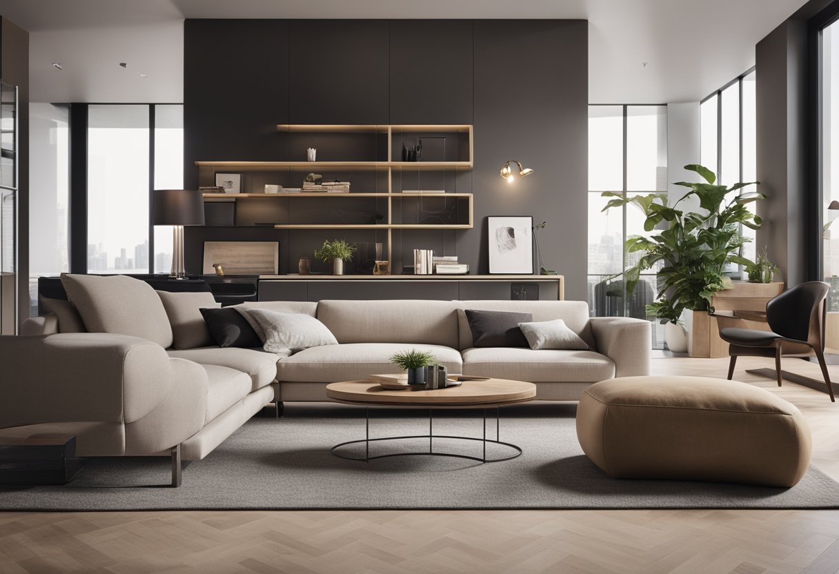 A modern living room with sleek furniture and clever storage solutions, featuring a neutral color palette and plenty of natural light