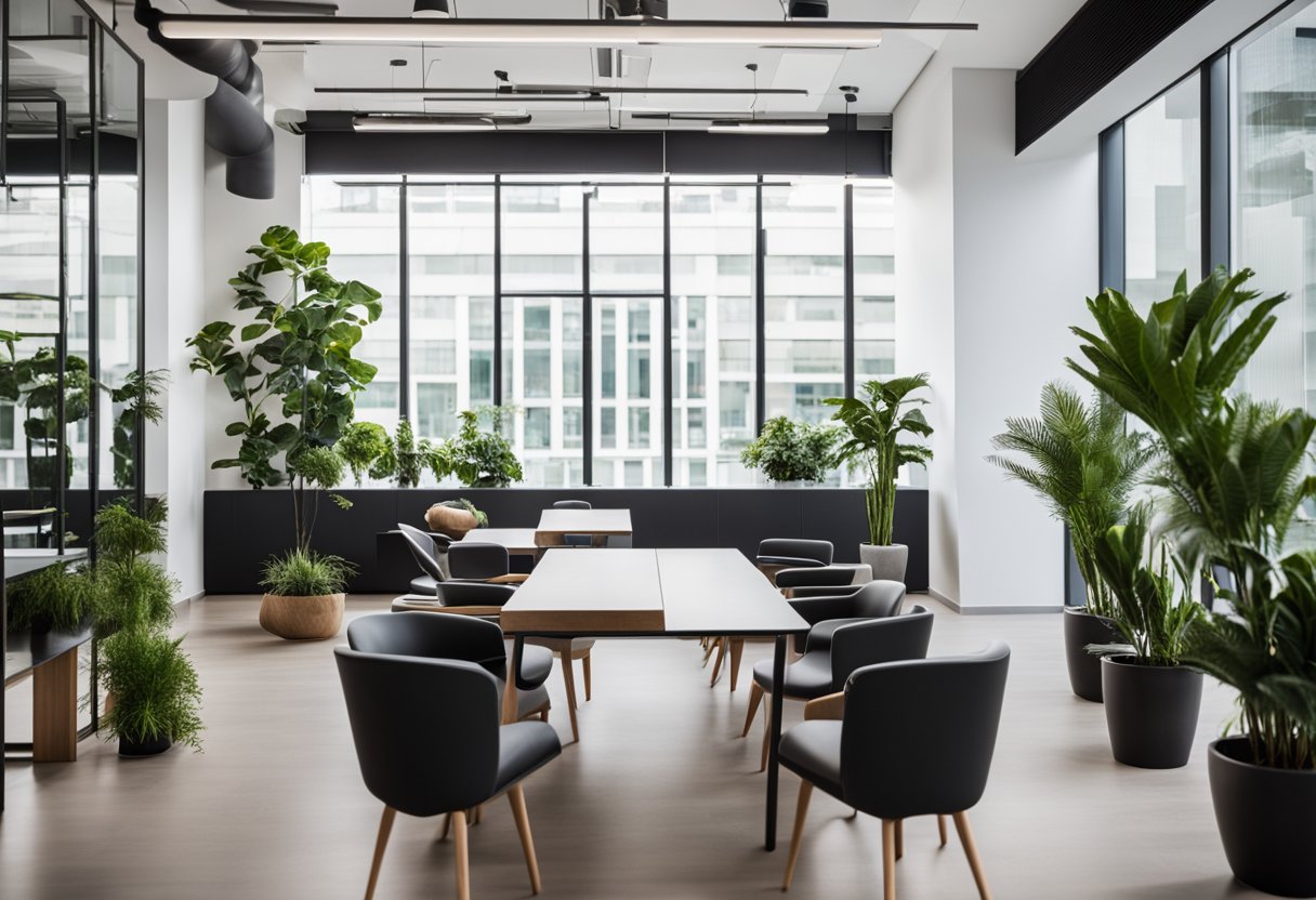 A modern office space with sleek furniture, plants, and natural light, showcasing the logo of "Frequently Asked Questions riddell kurczaba architecture interior design engineering ltd" prominently on the wall