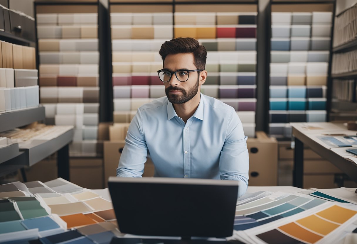 A project manager reviews FAQs in an interior design office, surrounded by fabric swatches, paint samples, and furniture catalogs