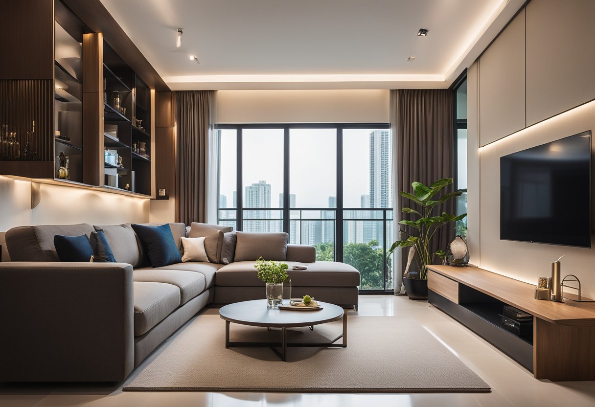 A cozy interior with modern furnishings and warm lighting, showcasing a sleek and functional design for an Ang Mo Kio residential space