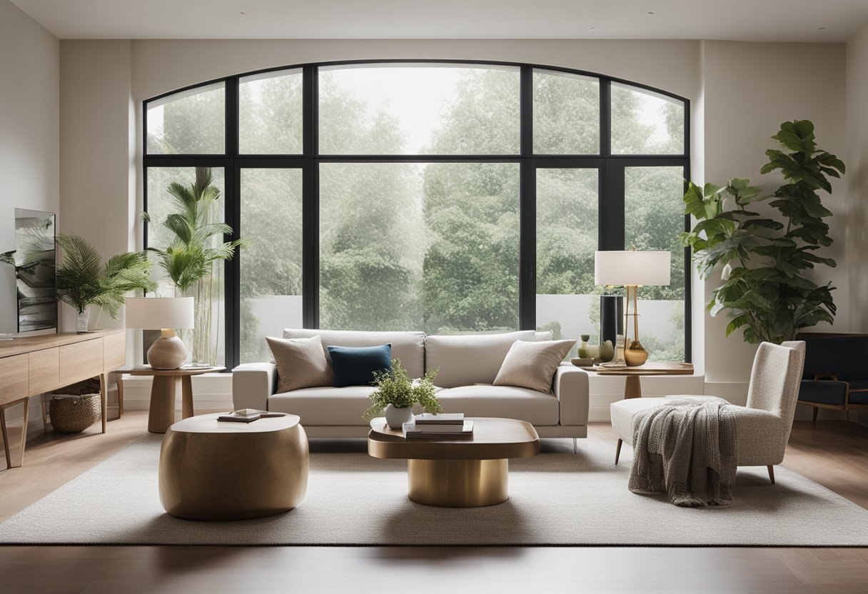A spacious, modern living room with clean lines, neutral colors, and natural light pouring in through large windows. A comfortable yet stylish space with carefully chosen furniture and decorative accents