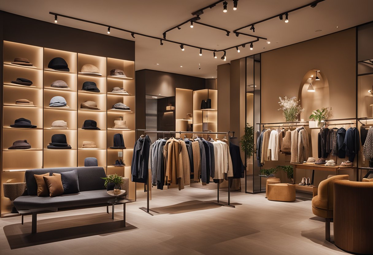 The small clothes shop is brightly lit with cozy seating areas, stylish clothing racks, and unique decor. The warm color scheme and inviting layout create a memorable shopping experience
