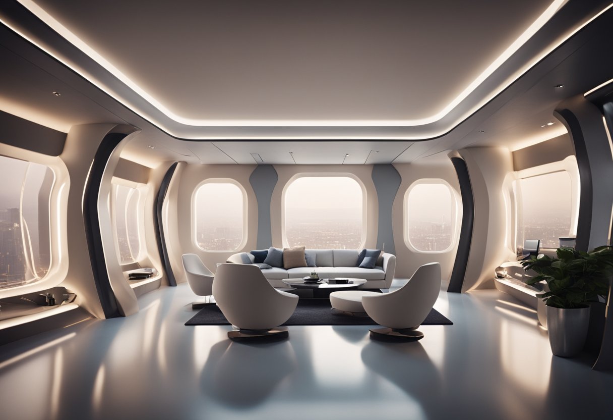 A sleek, futuristic space interior with clean lines, metallic accents, and minimalistic furniture. The room is bathed in soft, ambient lighting, creating a serene and modern atmosphere