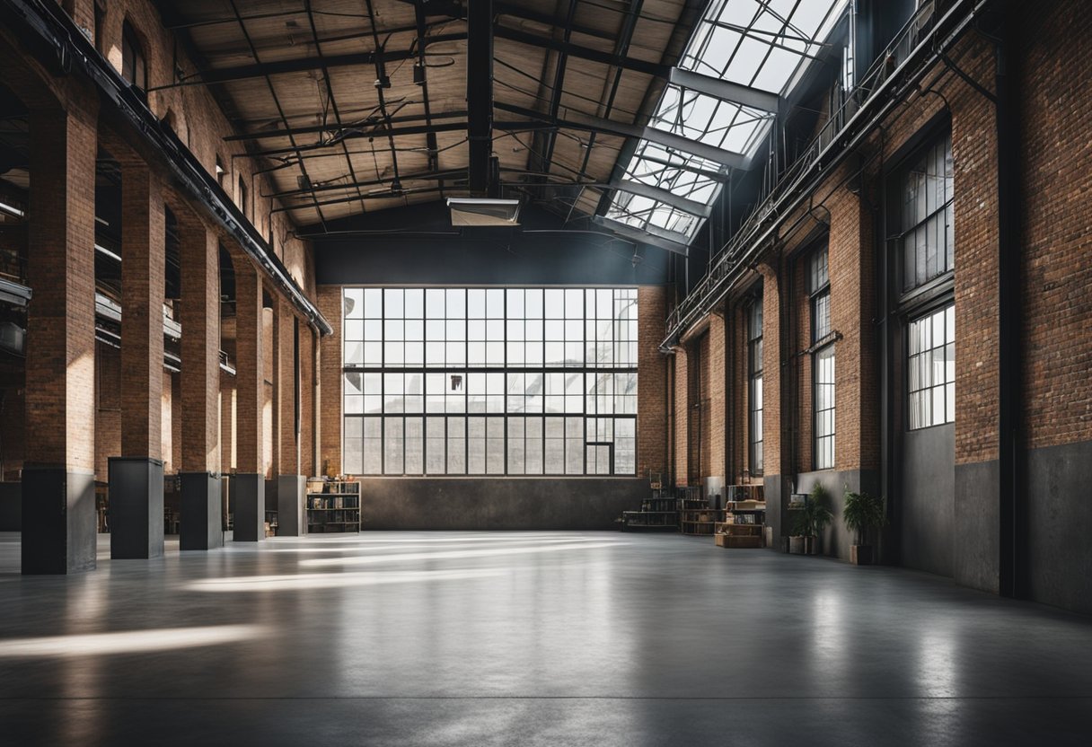 A spacious industrial interior with exposed brick walls, metal beams, and concrete floors, illuminated by natural light from large windows