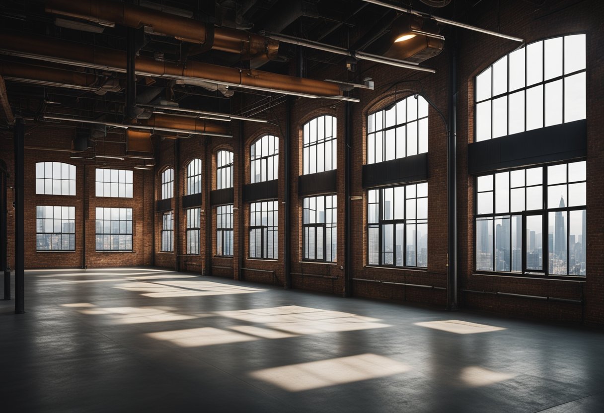A spacious industrial interior with exposed brick walls, metal pipes, and large windows overlooking a city skyline