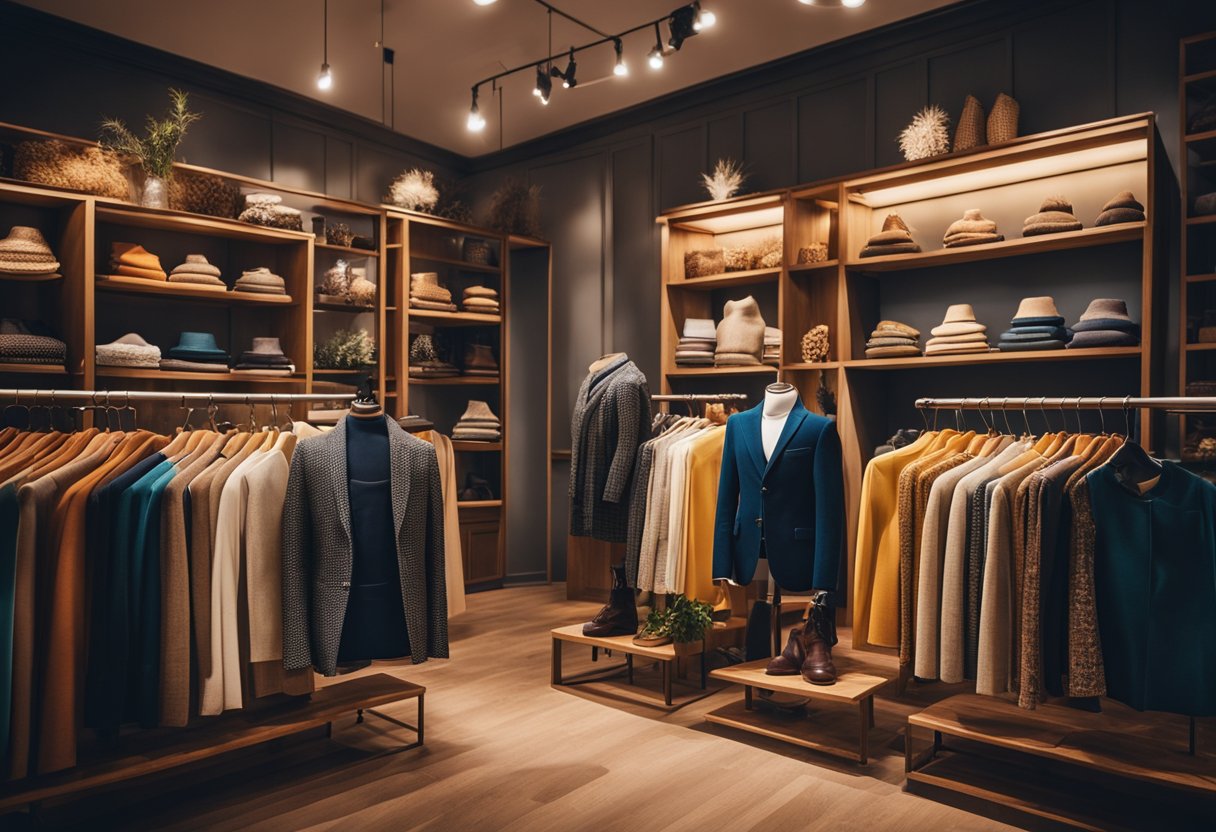 A cozy clothes shop with warm lighting, wooden shelves, and a mix of modern and vintage decor. Brightly colored fabrics and stylish mannequins showcase the latest fashion trends
