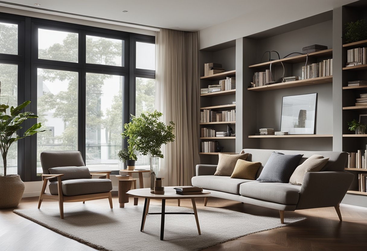 A spacious, modern living room with large windows, minimalistic furniture, and a neutral color palette. A cozy reading nook with a comfortable armchair and a floor-to-ceiling bookshelf