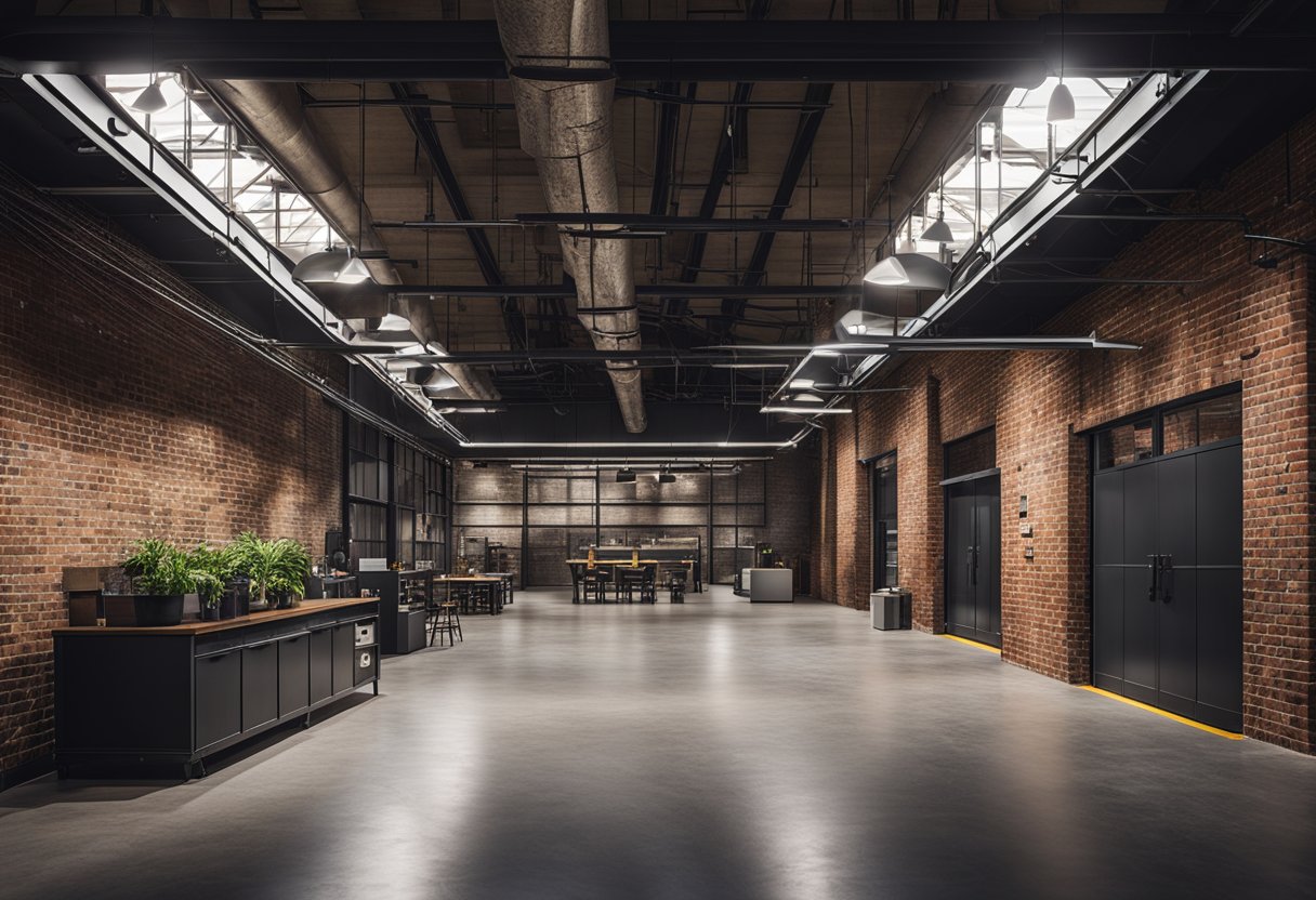 An industrial interior with exposed brick walls and metal accents. Frequently Asked Questions signage displayed prominently