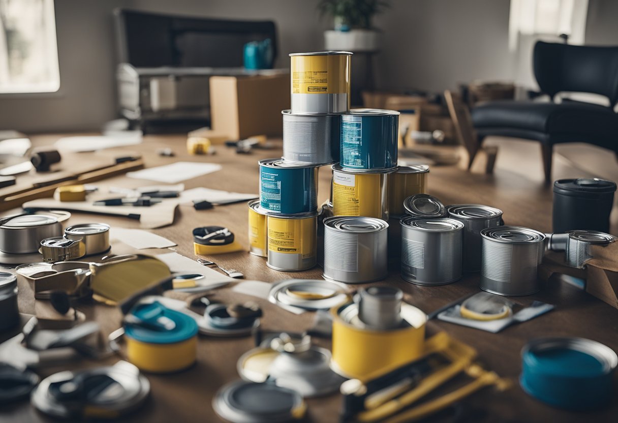 A room with furniture being rearranged, paint cans and brushes, measuring tape, and floor plans spread out on a table