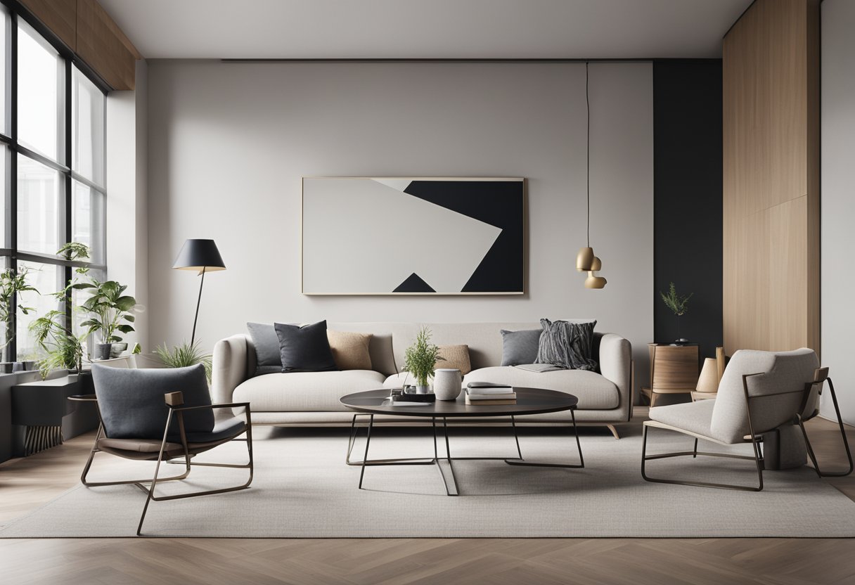 A modern, minimalist space with clean lines, neutral colors, and ample natural light. Sleek furniture and geometric accents create a sense of spaciousness and sophistication