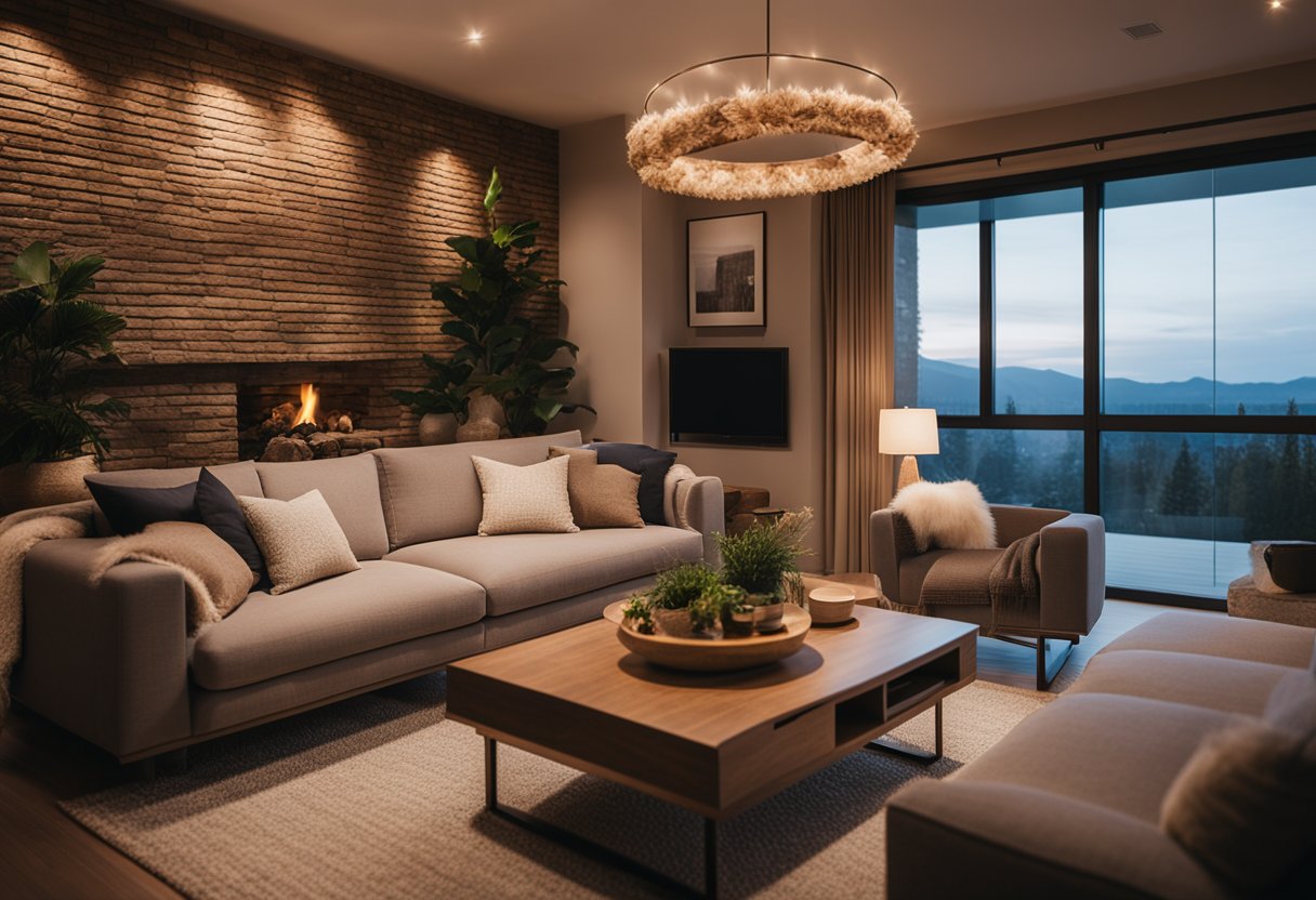 A cozy living room with warm lighting, plush furniture, and natural materials. A crackling fireplace adds a comforting ambiance, while soft blankets and pillows invite relaxation
