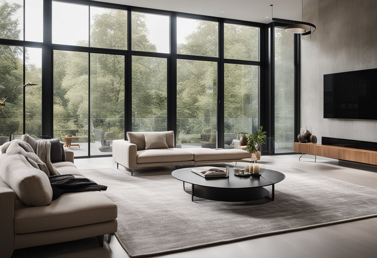 A modern living room with a sleek sofa, a glass coffee table, and a statement rug. Large windows let in natural light, highlighting the minimalist decor