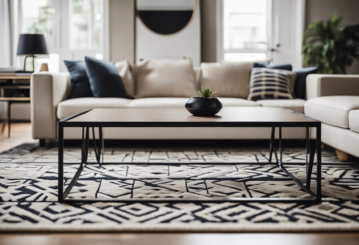 A geometric rug lies beneath a modern coffee table in a minimalist living room, with clean lines and angular furniture creating a sleek and contemporary feel