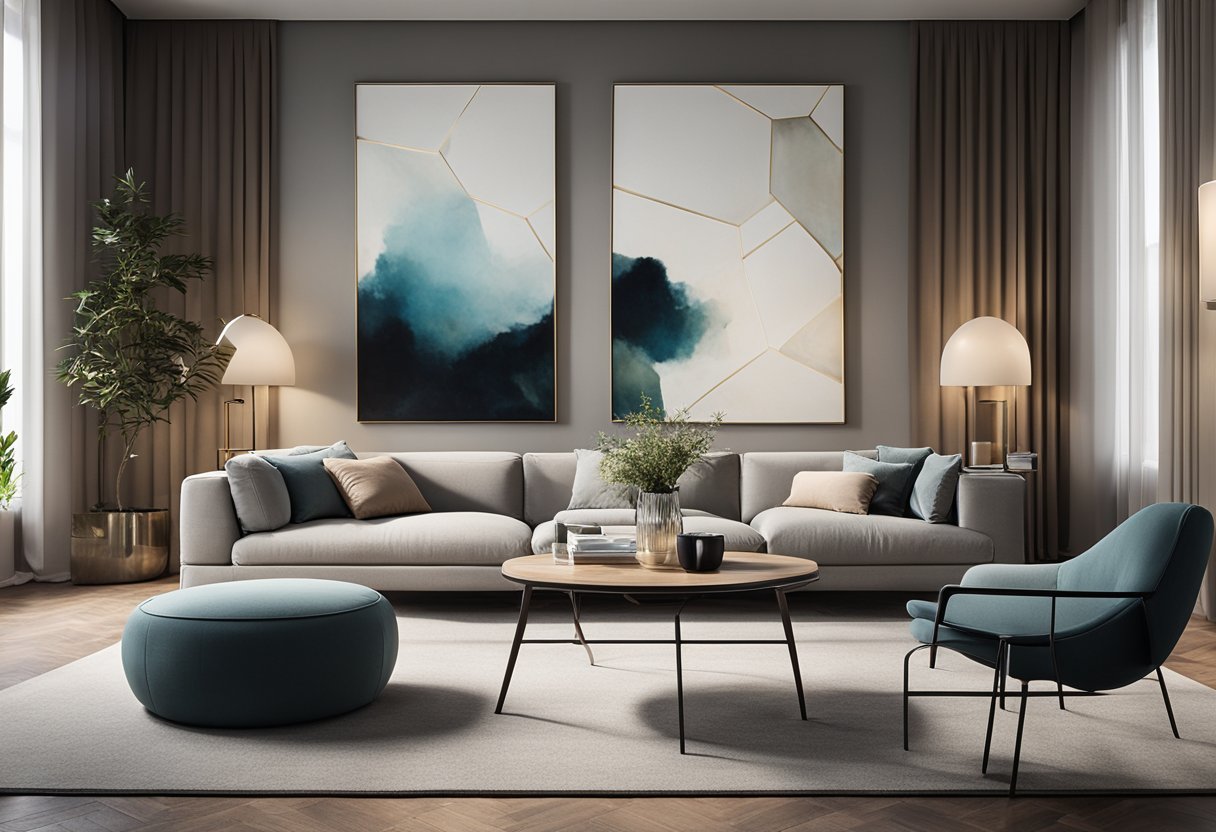 A modern living room with a sleek sofa, geometric coffee table, and abstract art on the walls. Natural light floods in from large windows, illuminating the space