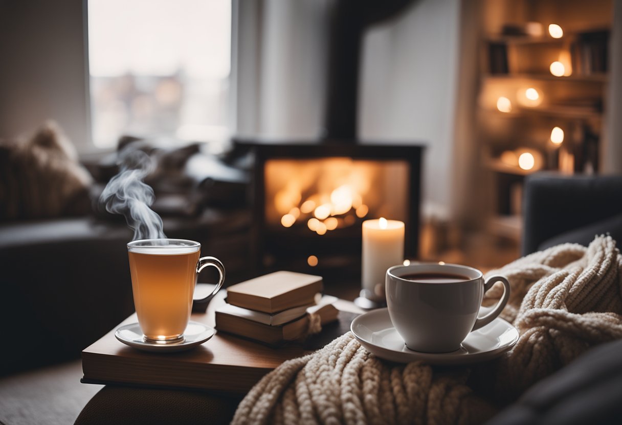 A cozy living room with soft blankets, warm lighting, and a crackling fireplace. A shelf filled with books, a steaming cup of tea, and plush pillows complete the hygge ambiance