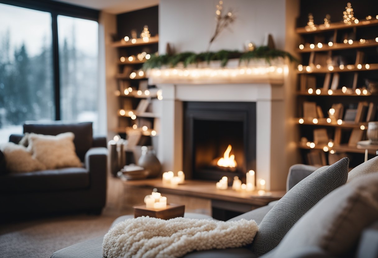 A cozy living room with warm lighting, soft blankets, and plush pillows. A crackling fireplace adds ambiance, while shelves display books and mugs of hot drinks
