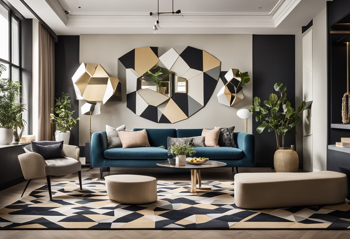A living room with geometric wall art, circular mirrors, and angular furniture. The decor includes abstract sculptures and patterned rugs