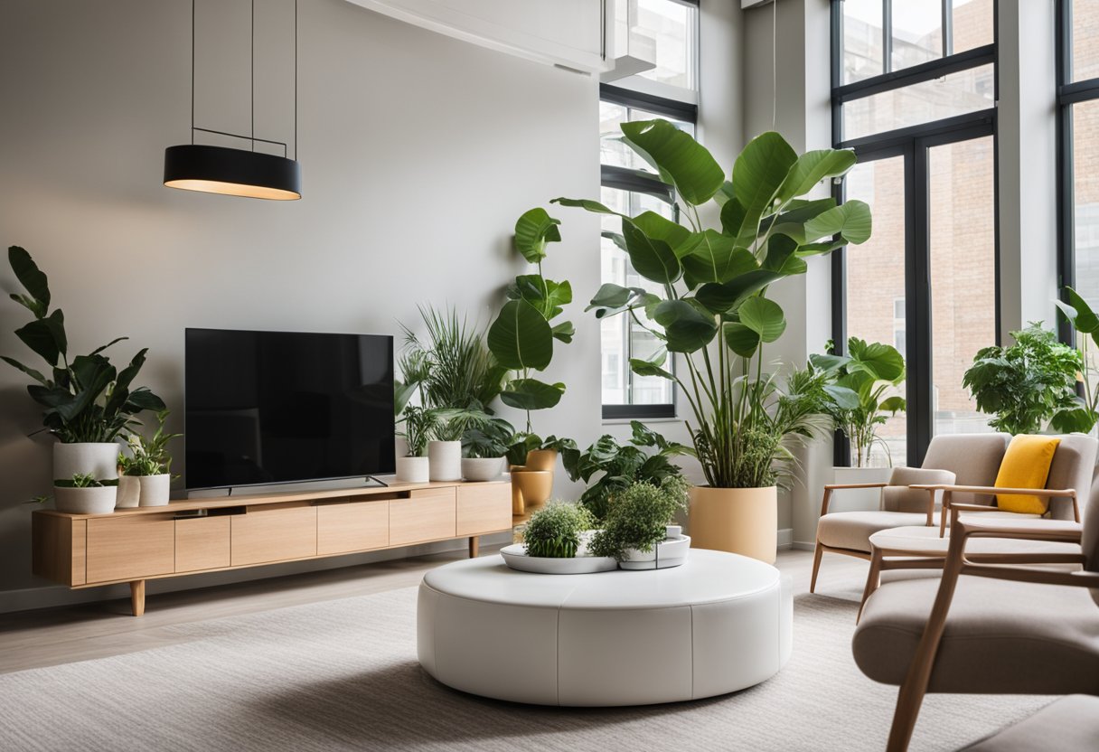 A bright, modern interior with sleek furniture, vibrant artwork, and natural lighting. Plants add a touch of greenery, while the color scheme is a mix of neutral tones with pops of bold color