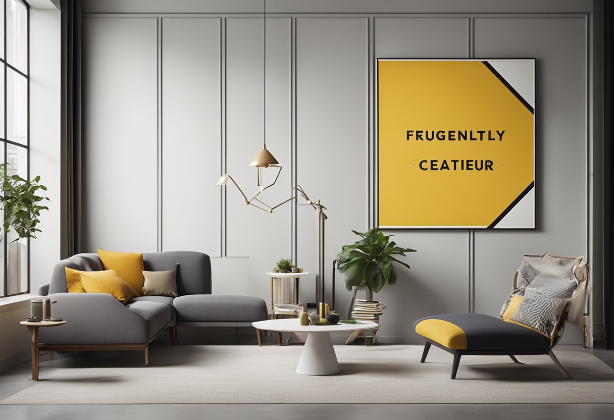 A modern, minimalist room with clean lines and geometric shapes. A large "Frequently Asked Questions" sign hangs on the wall, creating a focal point in the space