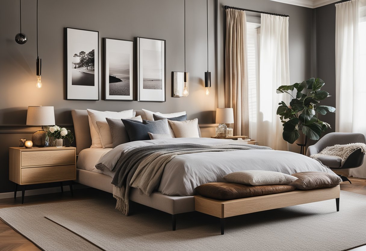 A cozy bedroom with a large, plush bed, soft lighting, and a gallery wall of framed photos. The room features neutral colors and natural materials for a calming and inviting atmosphere