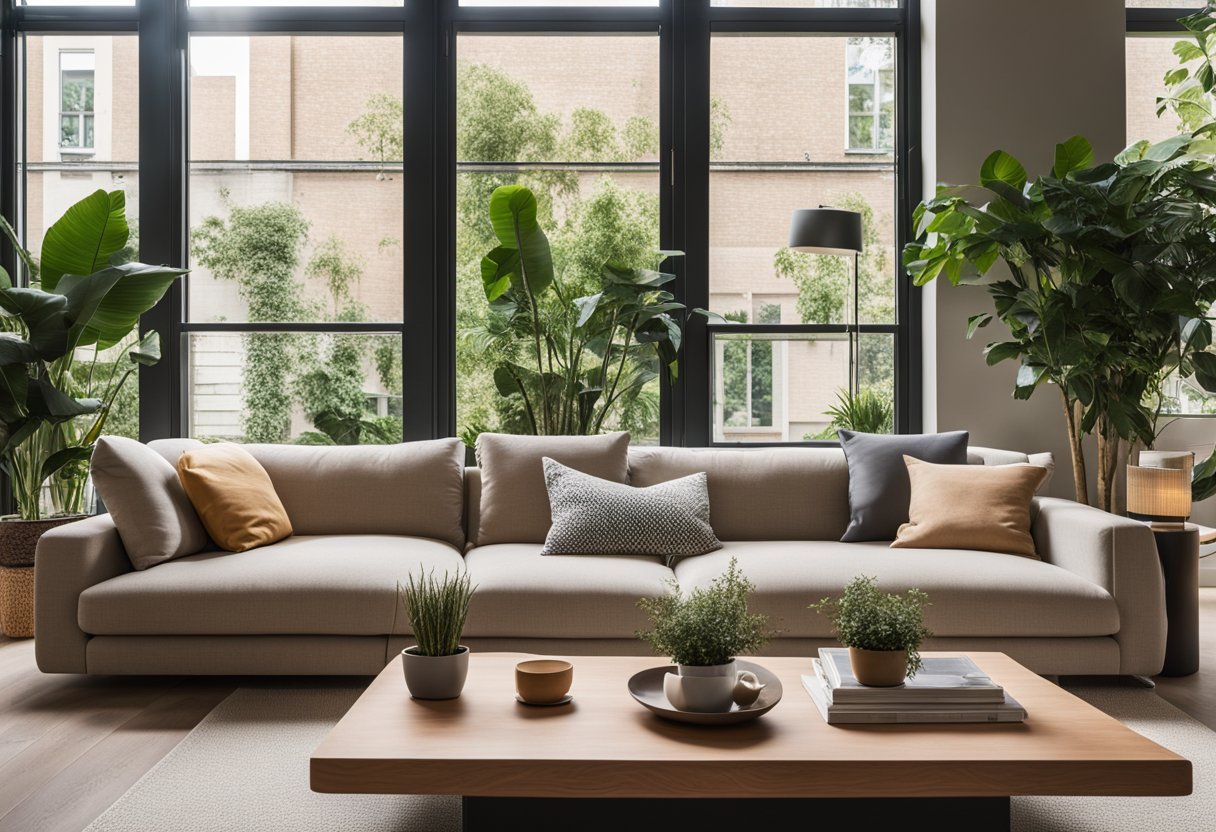 A cozy living room with a modern sofa, a stylish coffee table, and a vibrant accent wall. A large window lets in natural light, and potted plants add a touch of greenery