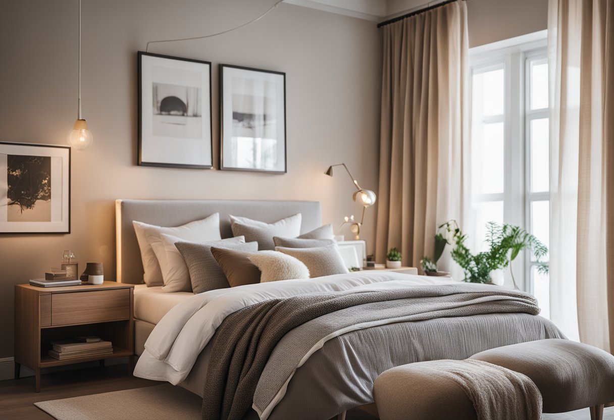 A cozy bedroom with a neutral color palette, a plush bed with layered pillows, a nightstand with a lamp, and a large window with sheer curtains