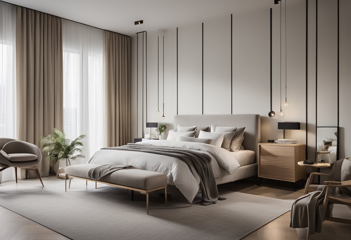 A bedroom with modern aesthetic enhancements and accessories, featuring clean lines, neutral colors, and minimalist decor
