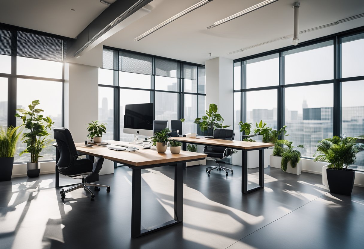 A modern office with a sleek desk, computer, and ergonomic chair. Bright natural light floods the space, highlighting stylish decor and plants