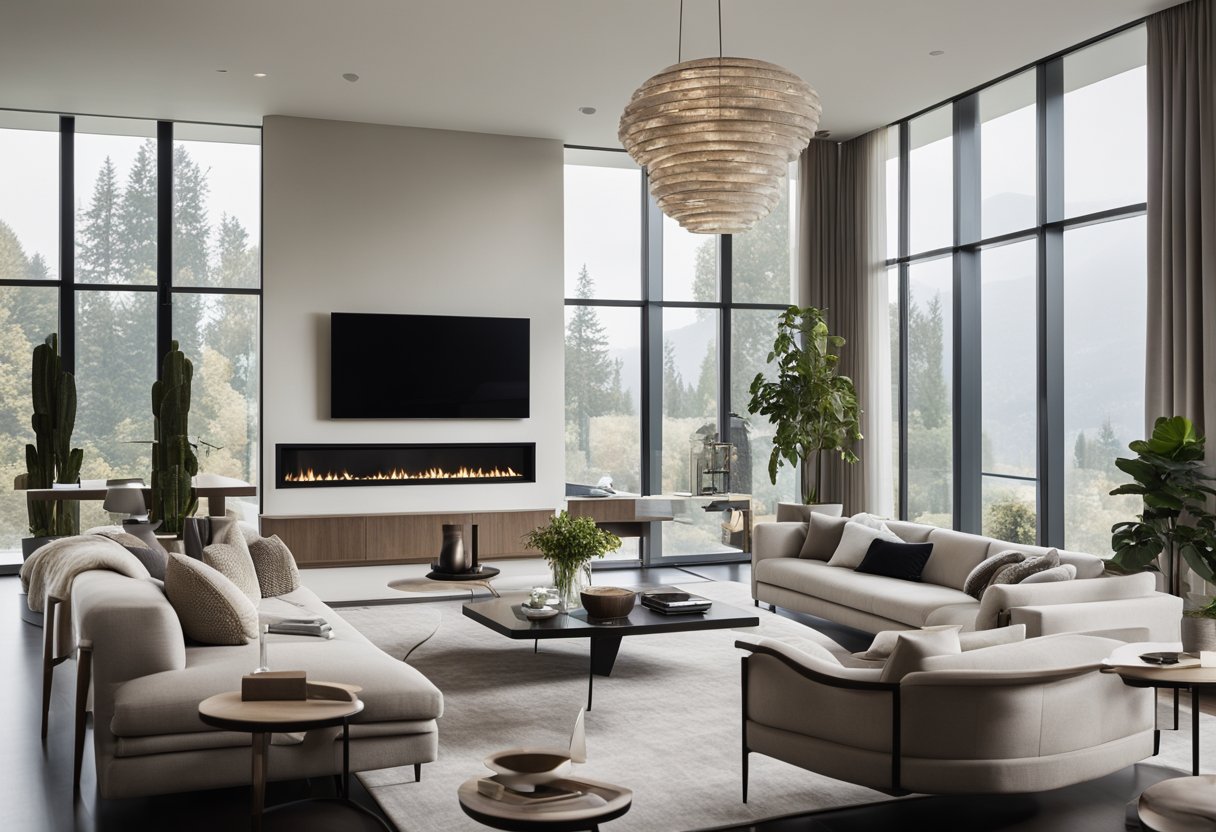 A modern, minimalist living room with floor-to-ceiling windows, sleek furniture, and a neutral color palette. A statement fireplace and abstract artwork add visual interest