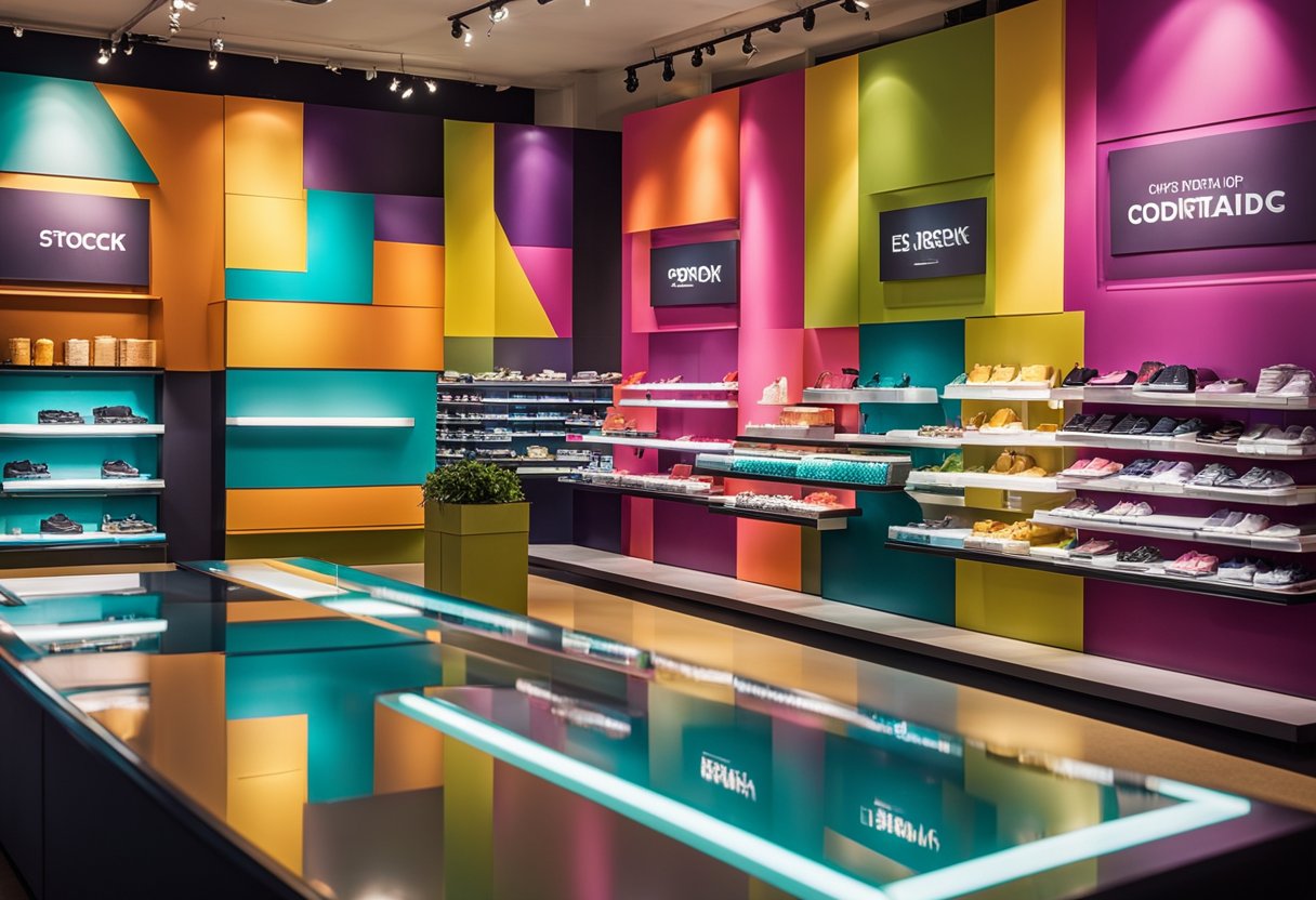A bold, modern shop display with vibrant colors and sleek lines. The interior design features eye-catching product arrangements and strategic lighting for maximum visual impact