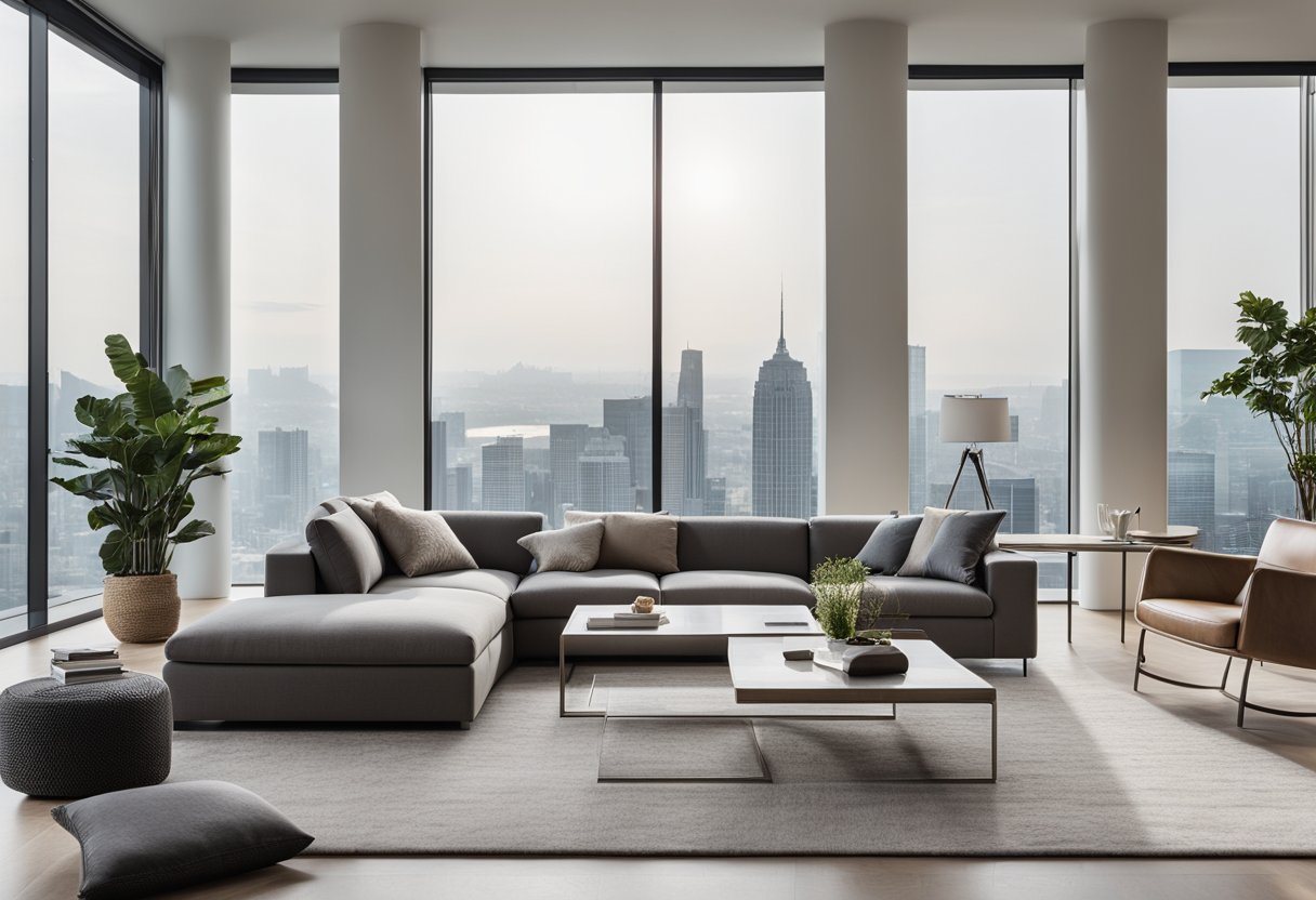 A modern, open-concept living room with floor-to-ceiling windows, showcasing a panoramic city view. Clean lines, minimalist furniture, and a neutral color palette create a sense of spaciousness and sophistication