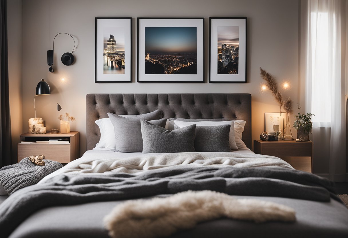 A cozy bedroom with warm lighting, a comfortable bed with plush pillows, a stylish nightstand, and a gallery wall of framed photos