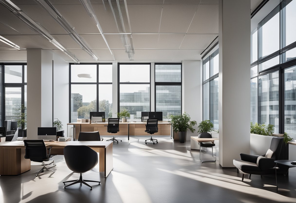 A modern, sleek office space with clean lines and minimalist furniture. Large windows allow natural light to flood the room, highlighting the architectural details