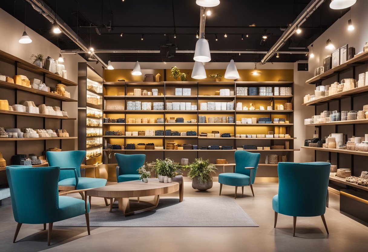 A well-lit, spacious shop with carefully curated displays of products. Bright colors, comfortable seating, and interactive elements create an inviting atmosphere for shoppers