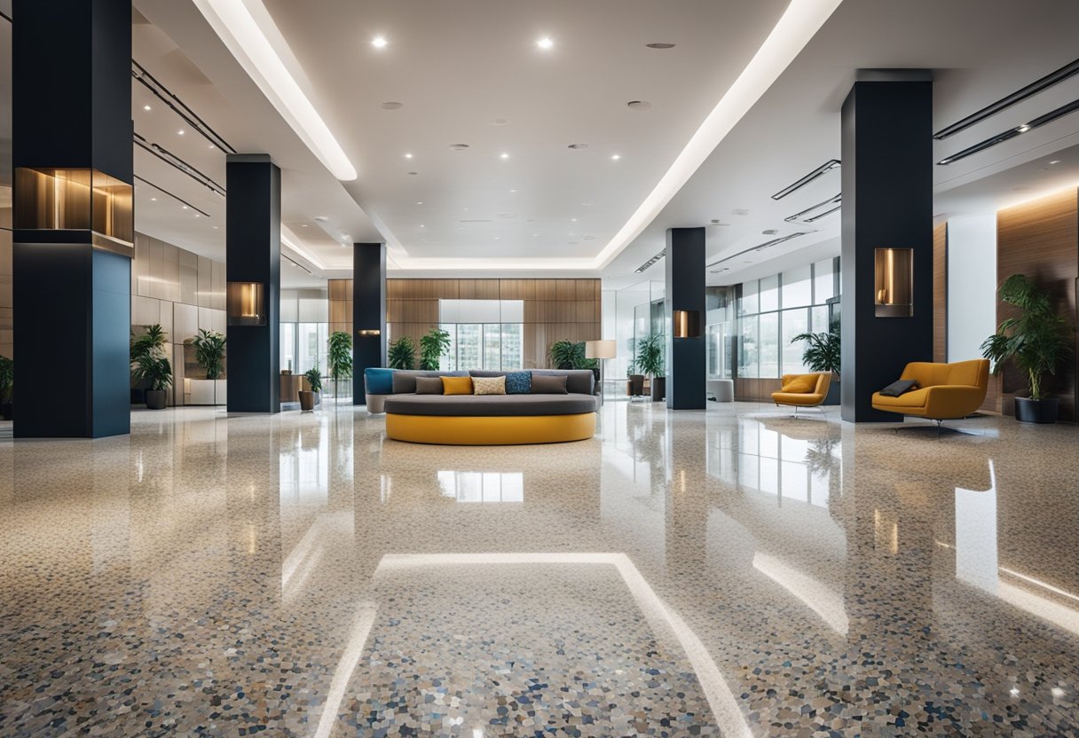 A spacious room with a polished terrazzo floor, featuring a blend of colorful marble chips and a smooth, glossy finish