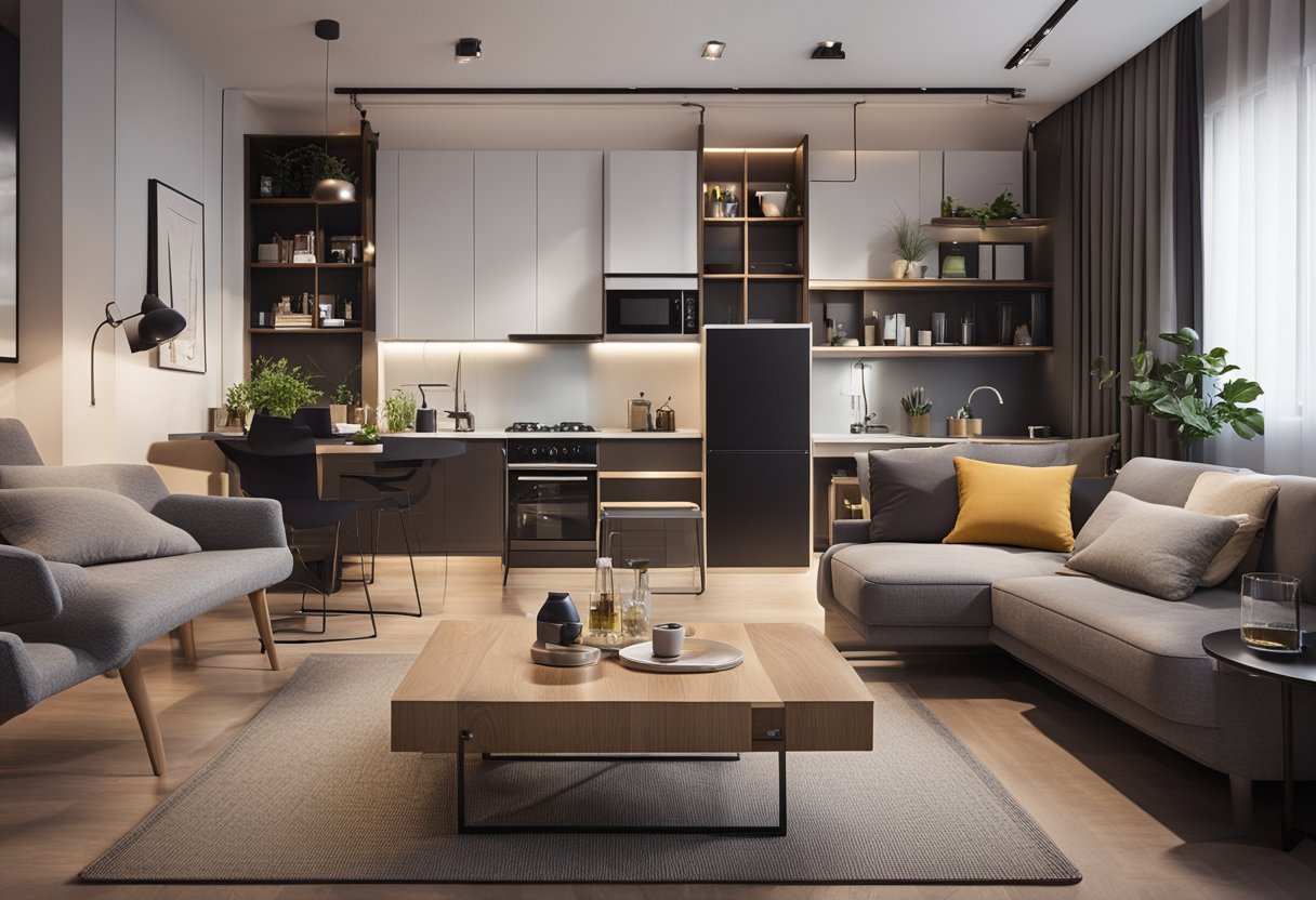 The studio apartment features a cozy living area with a small sofa and coffee table, a compact kitchenette with modern appliances, and a sleeping area separated by a stylish room divider