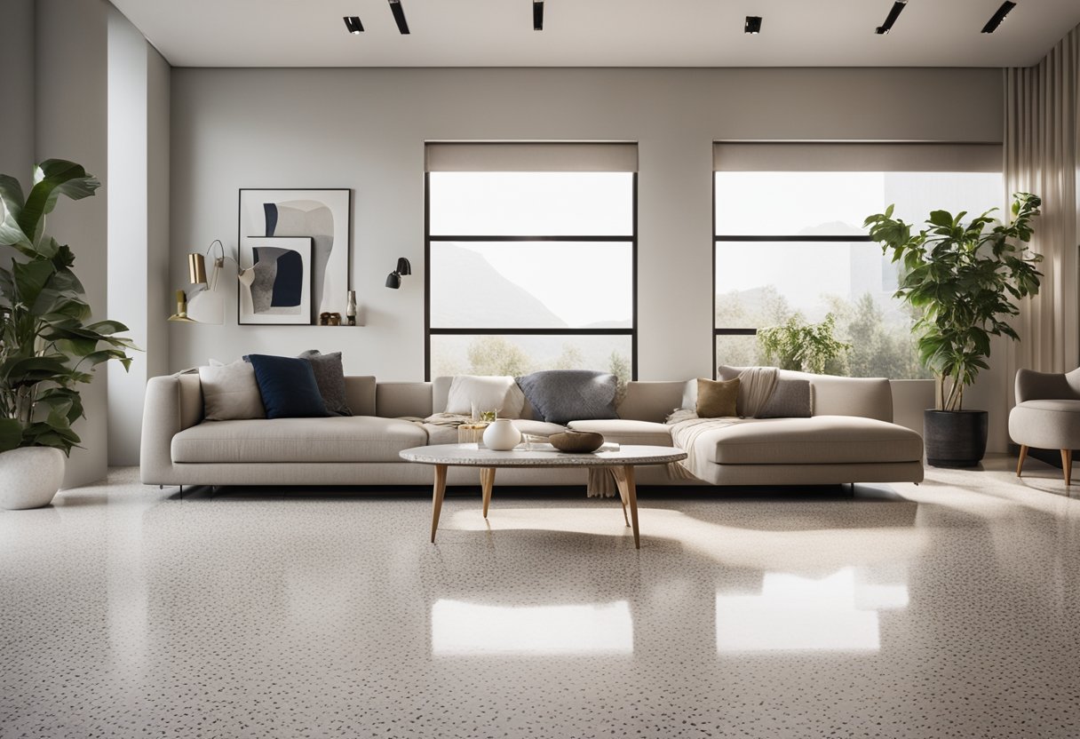 A sleek, modern living room with a terrazzo floor, bathed in natural light. Clean lines and minimalist furniture complement the intricate patterns and textures of the terrazzo, creating a sophisticated and inviting space