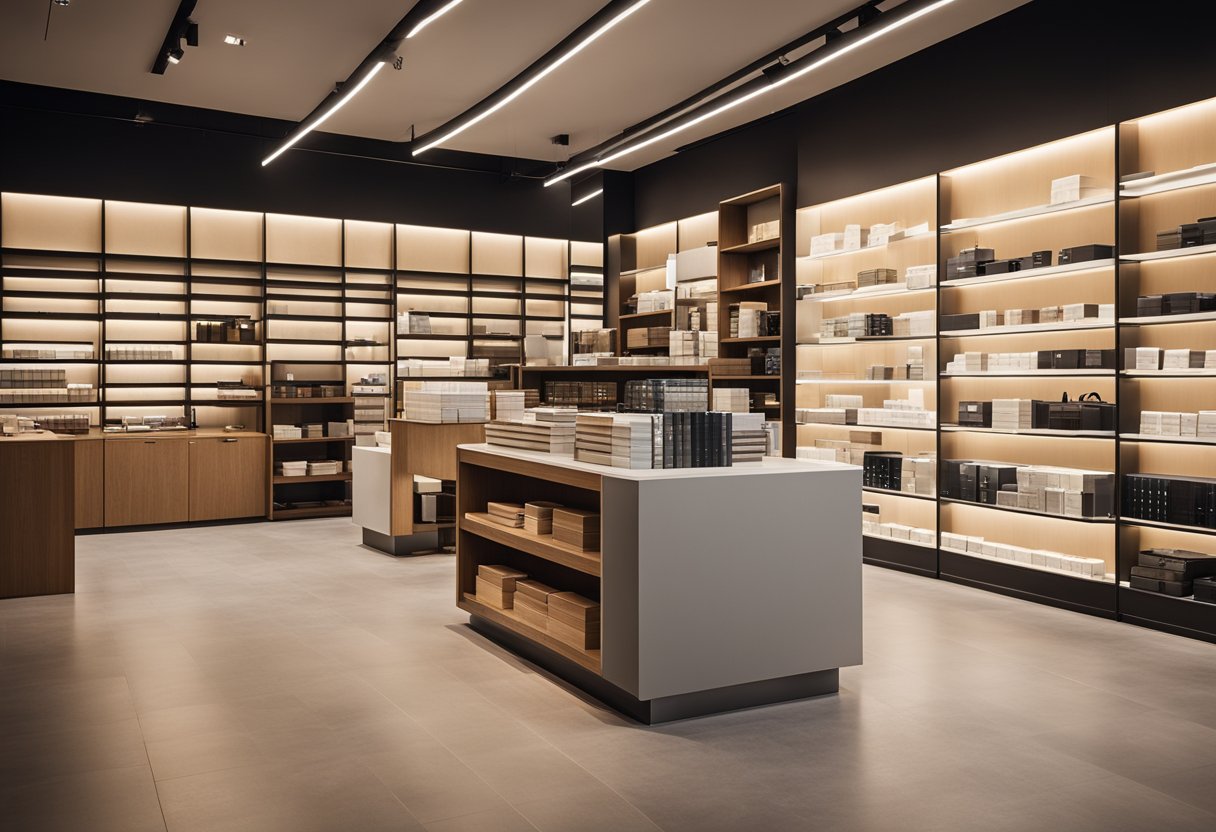 A modern, minimalist shop interior with clean lines and neutral colors. Display shelves showcase FAQ books and products. Soft lighting creates a welcoming atmosphere
