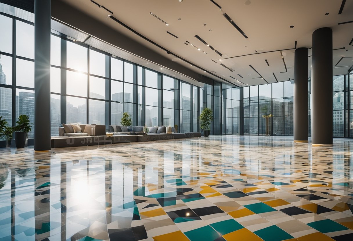 A spacious room with a gleaming terrazzo floor, featuring intricate patterns and vibrant colors, illuminated by natural light from large windows
