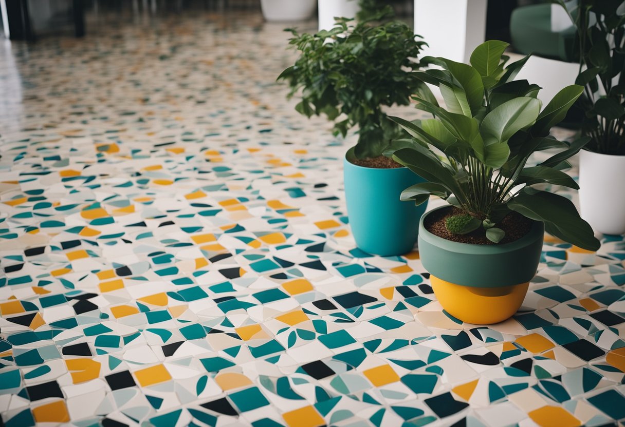A modern, sleek terrazzo floor with geometric patterns and vibrant colors, surrounded by minimalist furniture and potted plants