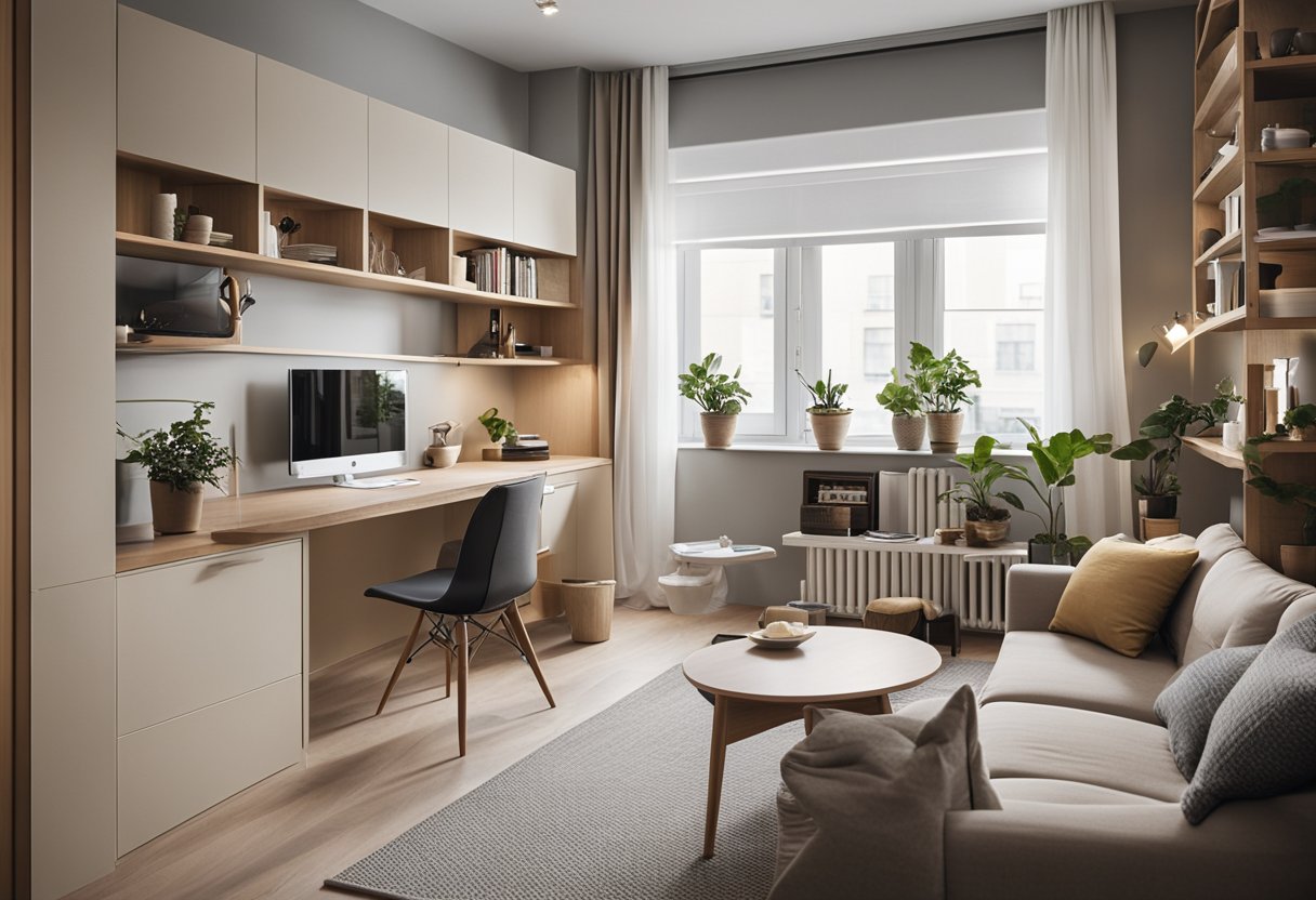A compact studio apartment with multifunctional furniture, clever storage solutions, and a neutral color palette to create an open and airy feel