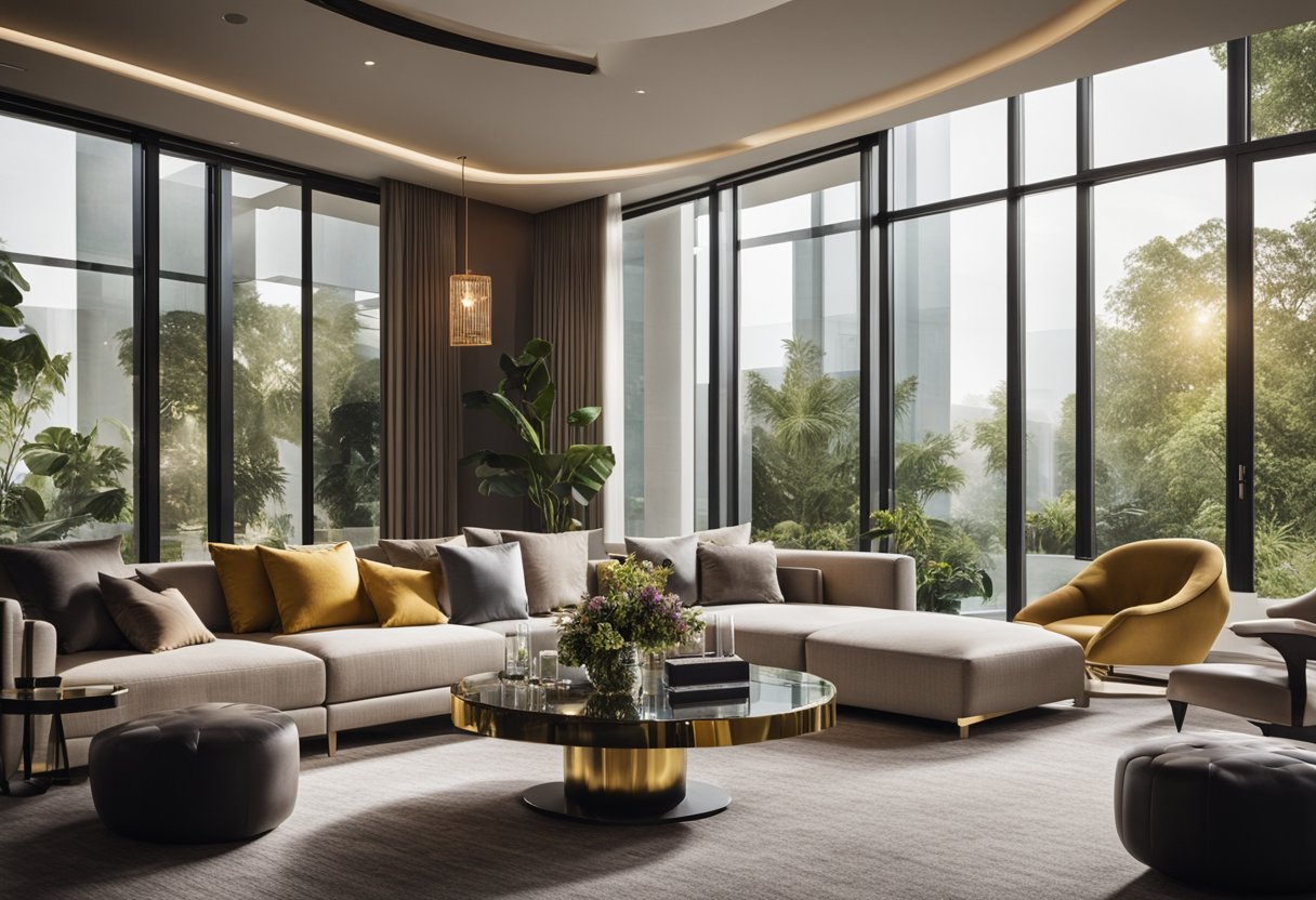 A luxurious living room with modern furniture, elegant lighting, and vibrant colors. A statement piece of artwork hangs on the wall, and large windows offer a view of a lush garden