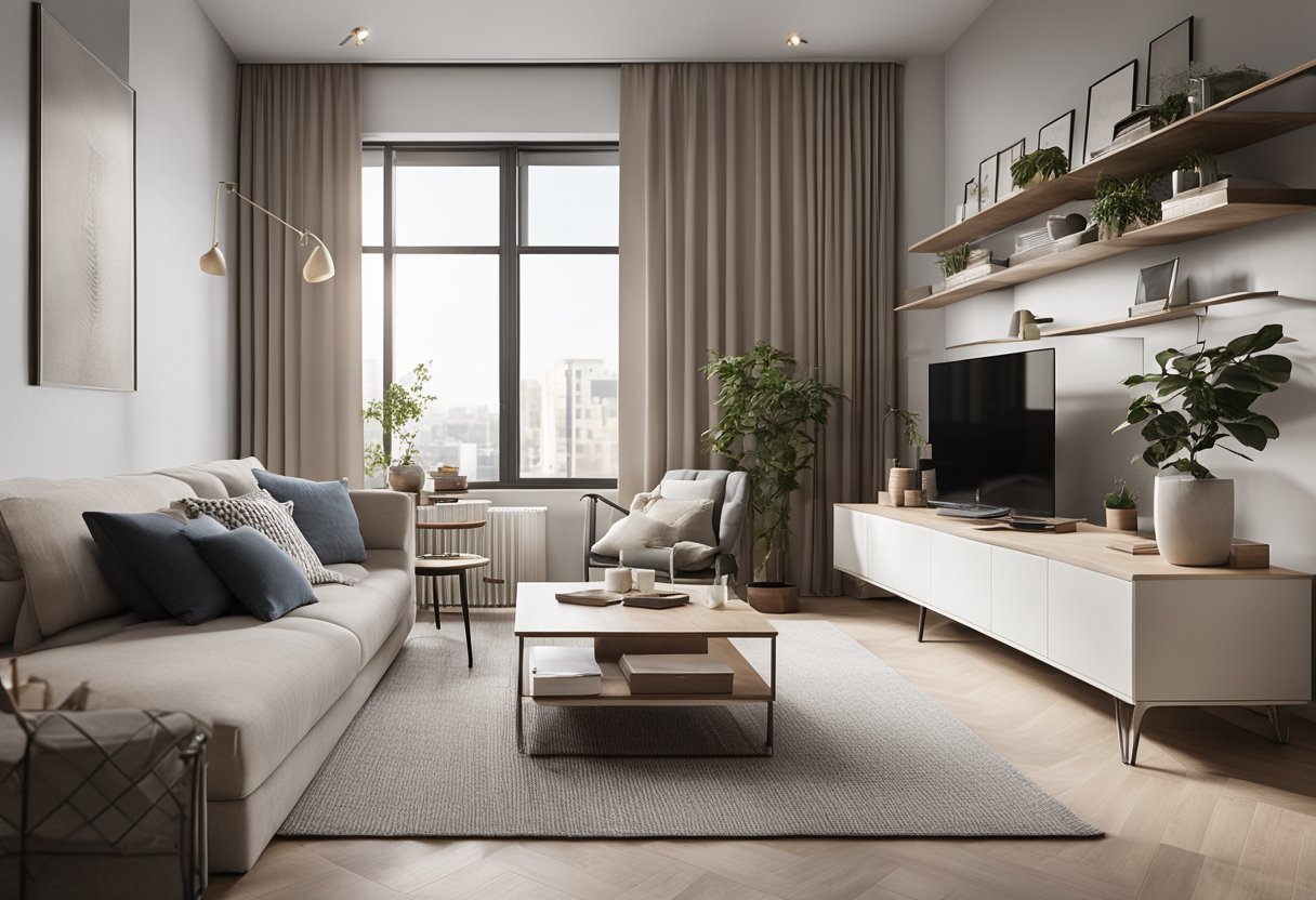 The studio apartment features a modern, minimalist design with sleek furniture, a neutral color palette, and ample natural light. The space is efficiently organized with multifunctional pieces to maximize functionality