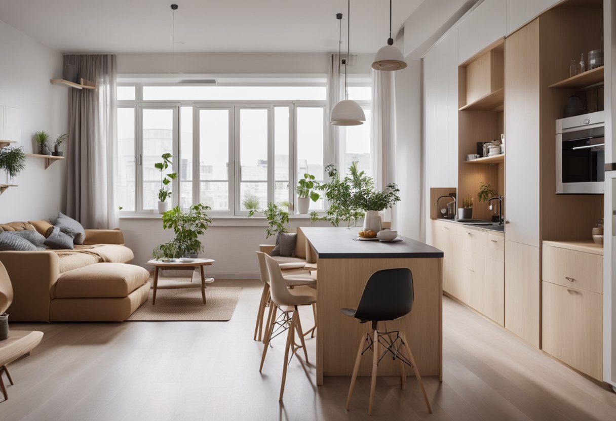 A cozy studio apartment with modern furniture, a functional kitchenette, a comfortable bed, and a small dining area. The space is bright with natural light and features clever storage solutions