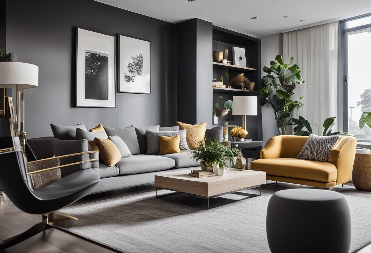 A modern, minimalist living room with sleek furniture and bold pops of color. Clean lines and open space create a sense of luxury and sophistication