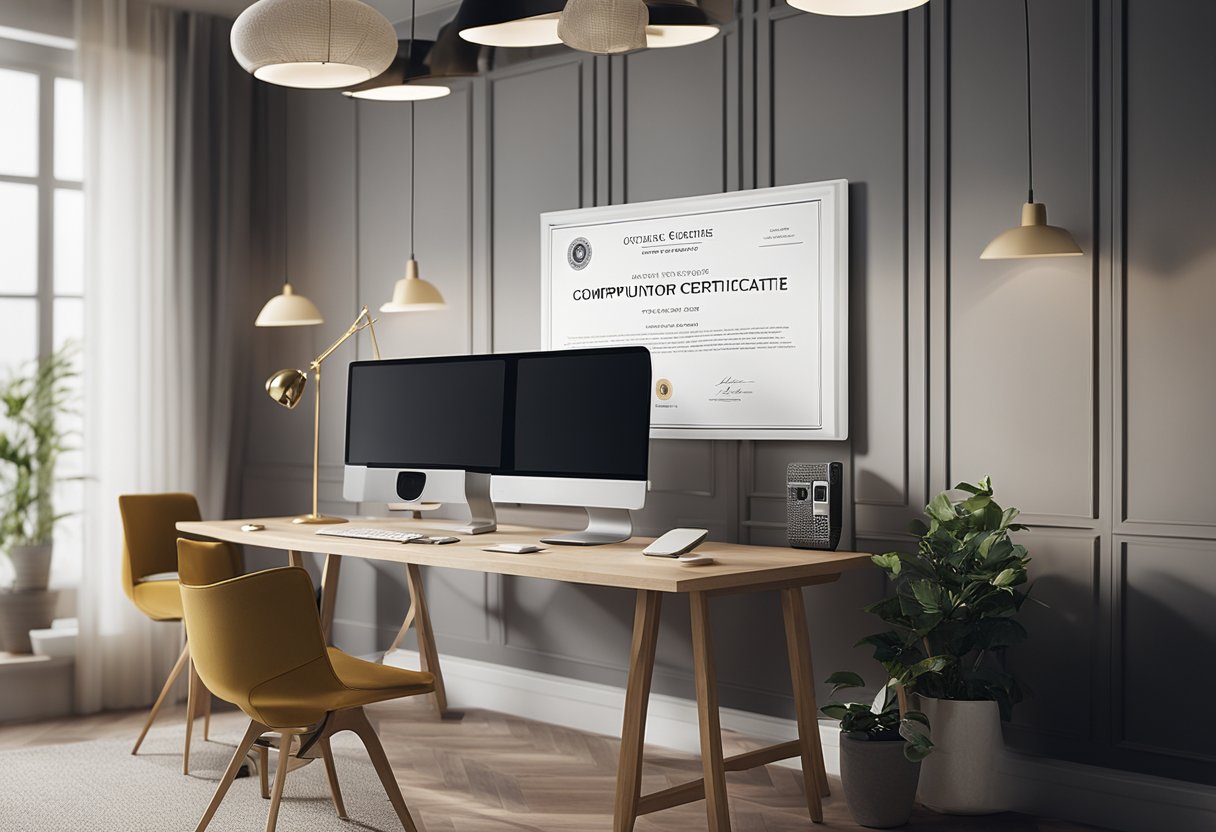 A computer screen displaying various online interior design certificate programmes with a desk, chair, and decorative elements in the background